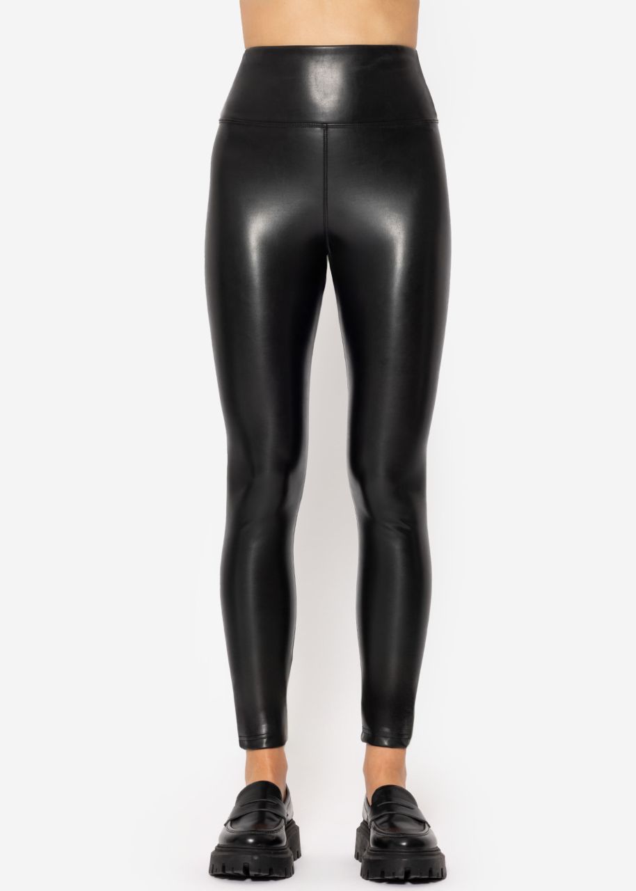 High-Rise Thermo Lederleggings mit breitem Bund - schwarz