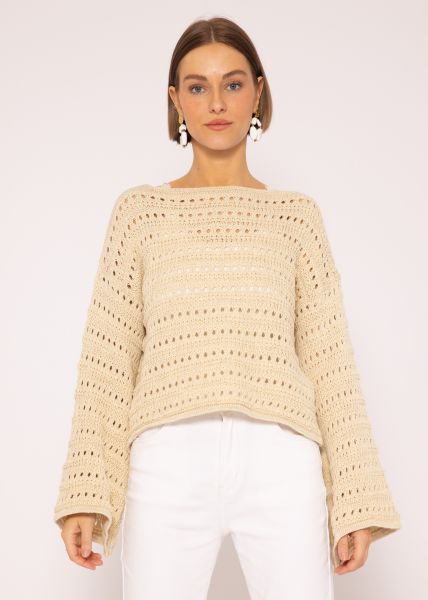 Oversized Pullover in Ajourstrick, beige
