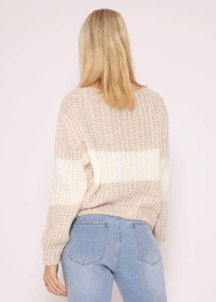 Gestreifter Zopf Pullover, beige