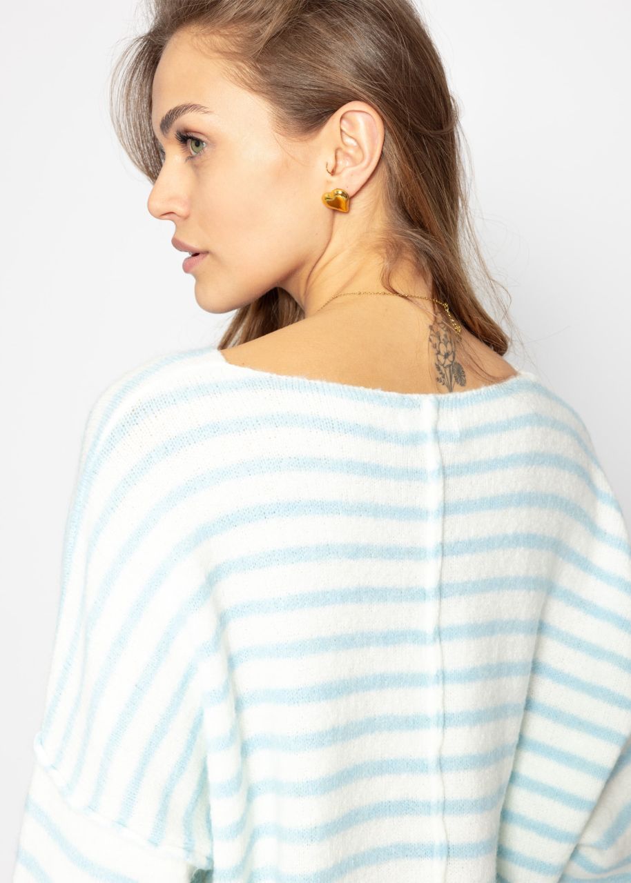 Gestreifter Oversize Pullover mit Rückennaht - hellblau-offwhite