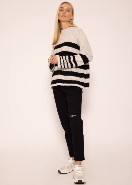 Oversize Pullover mit Streifen - schwarz-beige