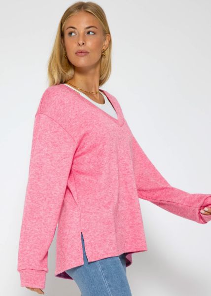 Oversize soft Sweater mit tiefem V-Ausschnitt - pink