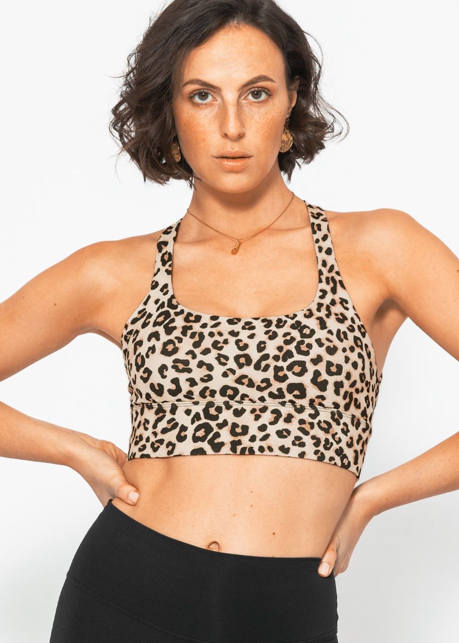 Crop Sport-BH mit Kreuz Rücken in Leo-Print - beige