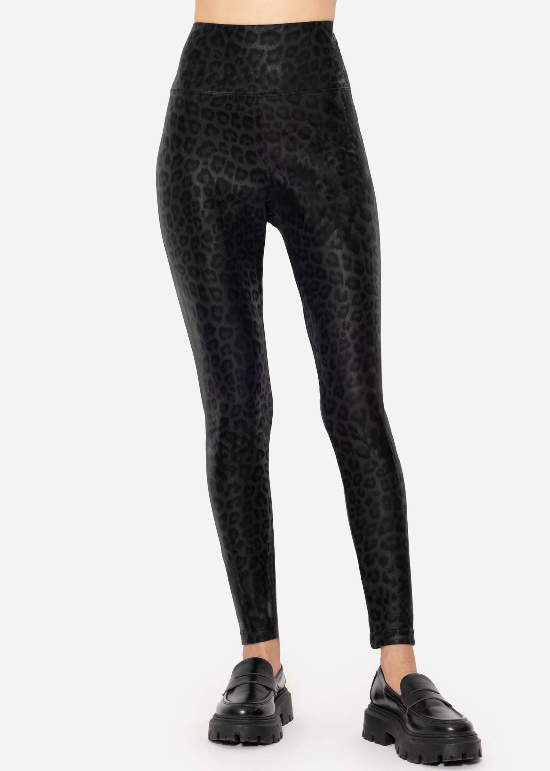 Thermo Kunstleder Leggings mit Leo Print - schwarz