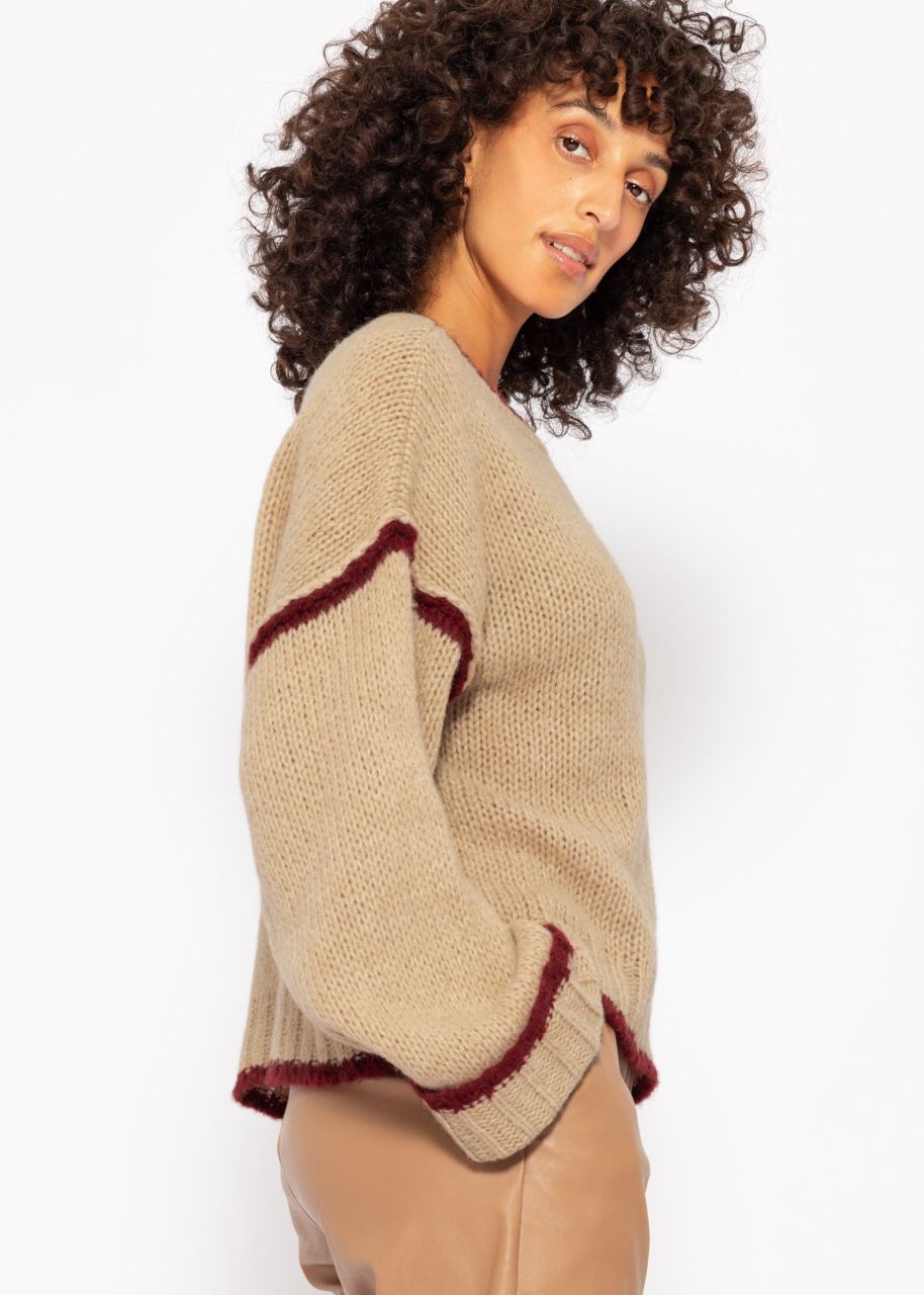 Pullover mit farbigen Blenden - beige-bordeaux