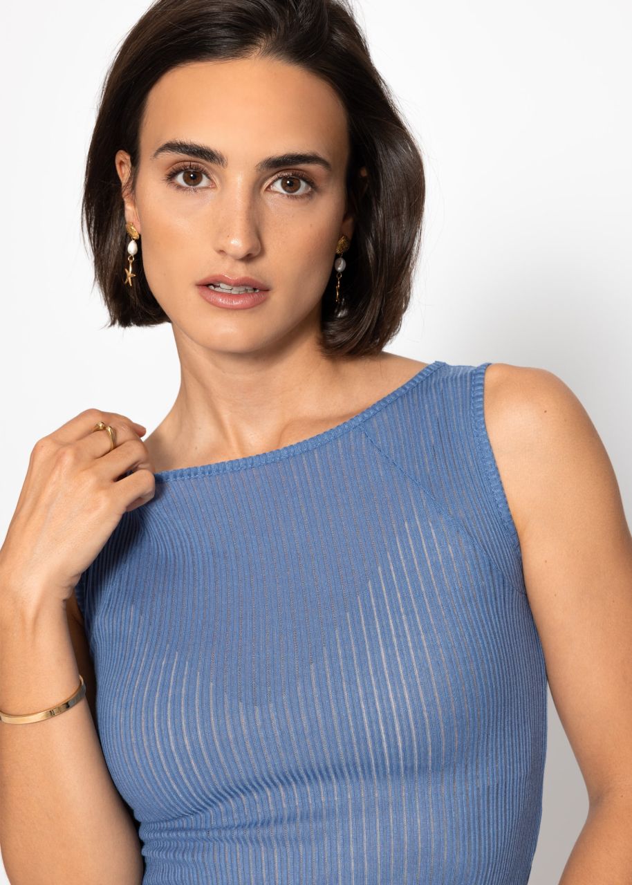 Leicht transparentes Top mit Rippstruktur - jeansblau
