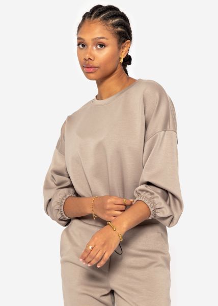 Softes Crop Sweatshirt mit Ballonärmeln - taupe