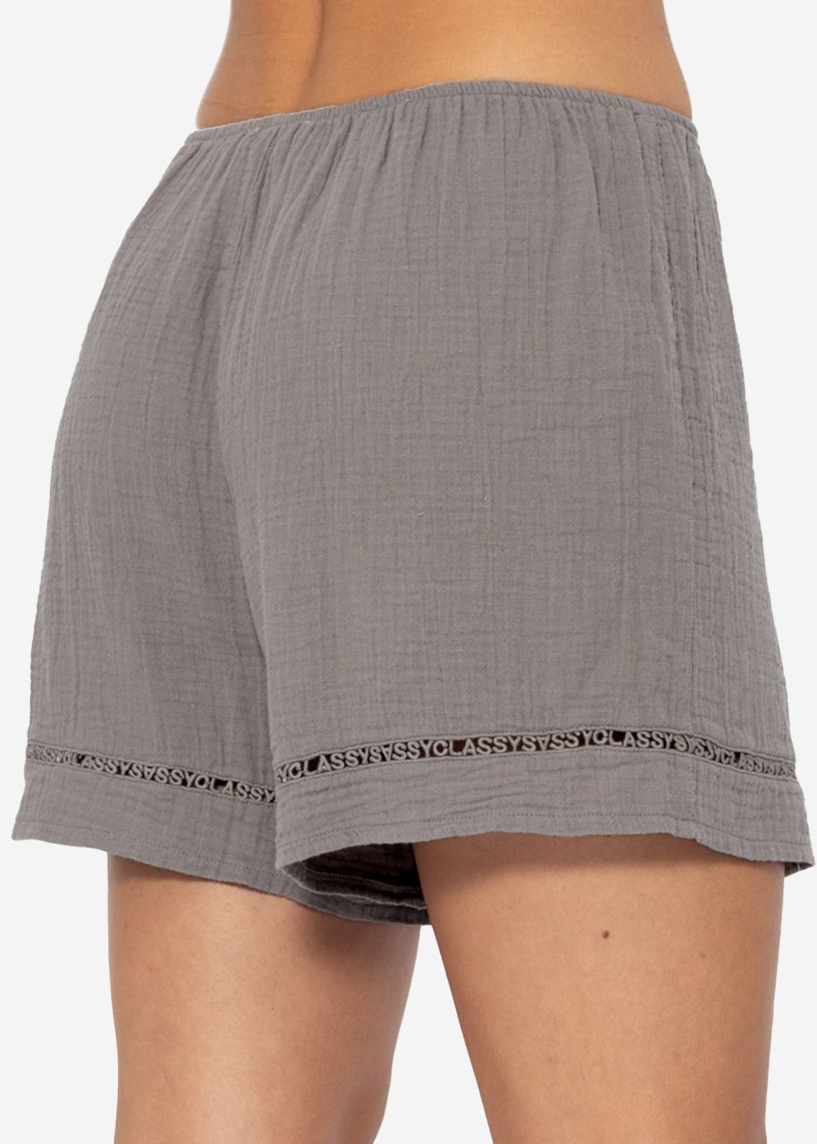 Musselin Pyjamashorts mit Spitzenborte - taupe