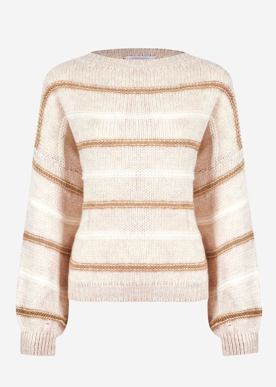 Strickpullover mit farbigen Streifen - hellbeige-beige-offwhite