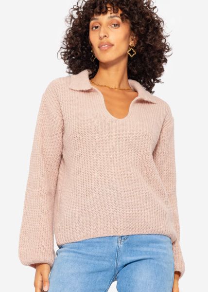 Oversize Pullover mit V-Ausschnitt und Kragen - puderrosa