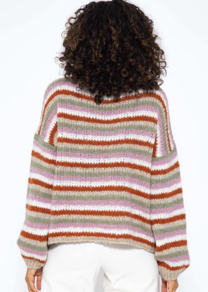Rundhalspullover mit bunten Ringelstreifen - beige