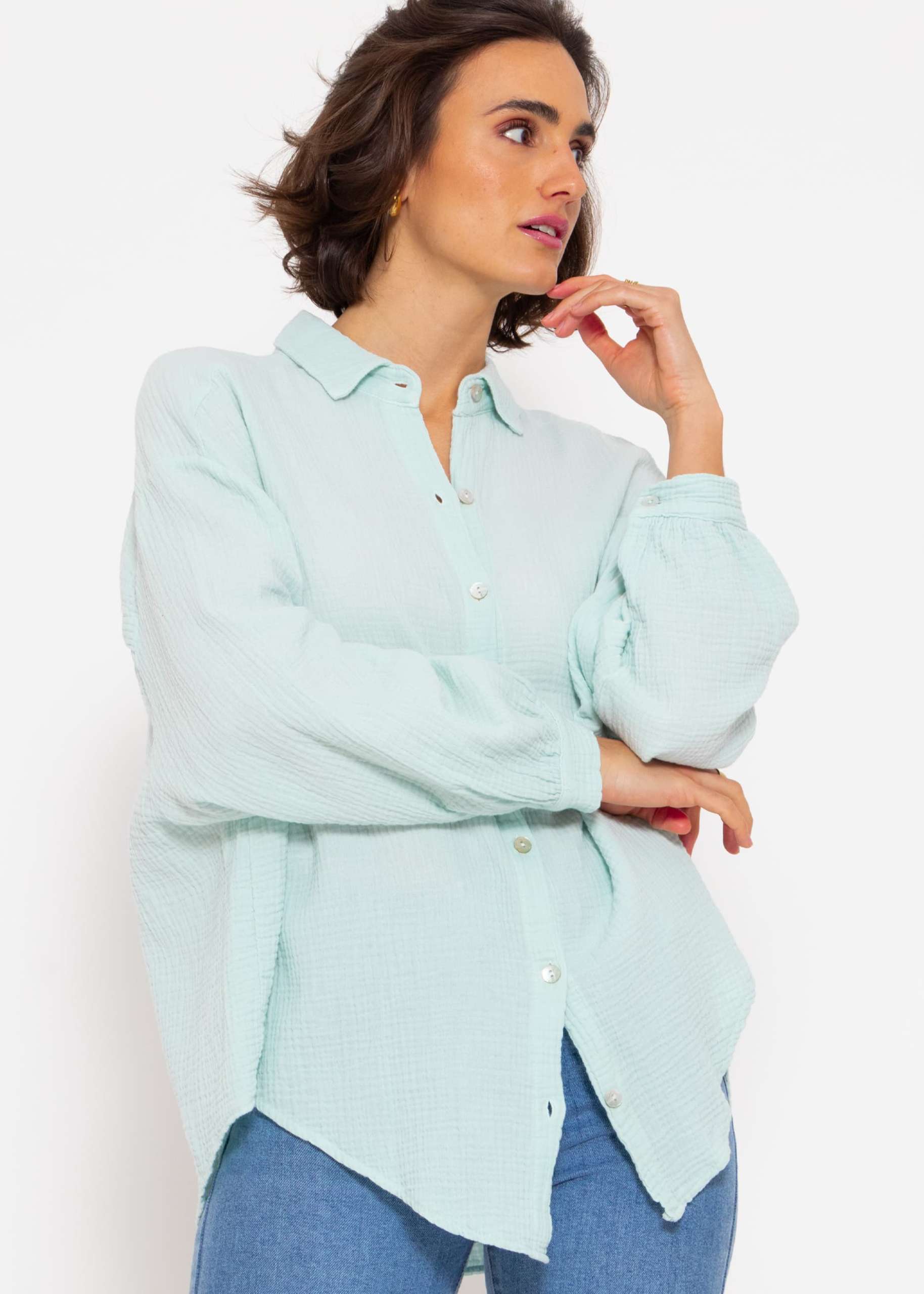 Musselin Bluse oversize, kurz, pastellmint