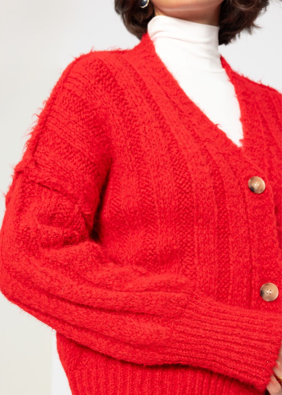 Gerippter Strickcardigan mit Knöpfen - rot