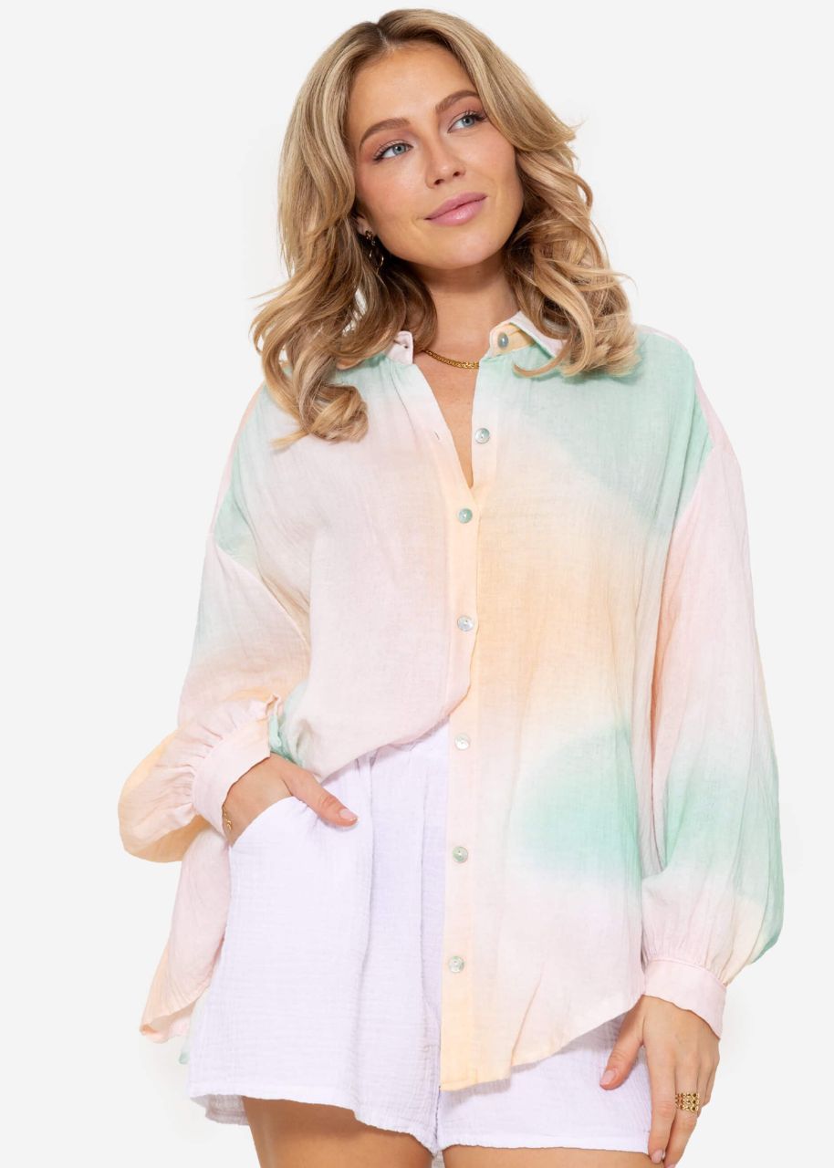 Transparente Musselin Bluse oversize, kurz, apricot-grün-rosa