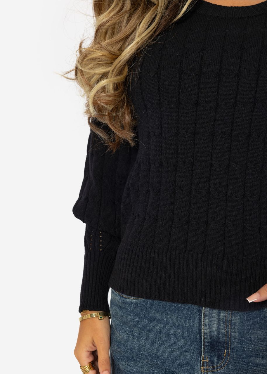 Raglanpullover mit Zopfmuster - schwarz