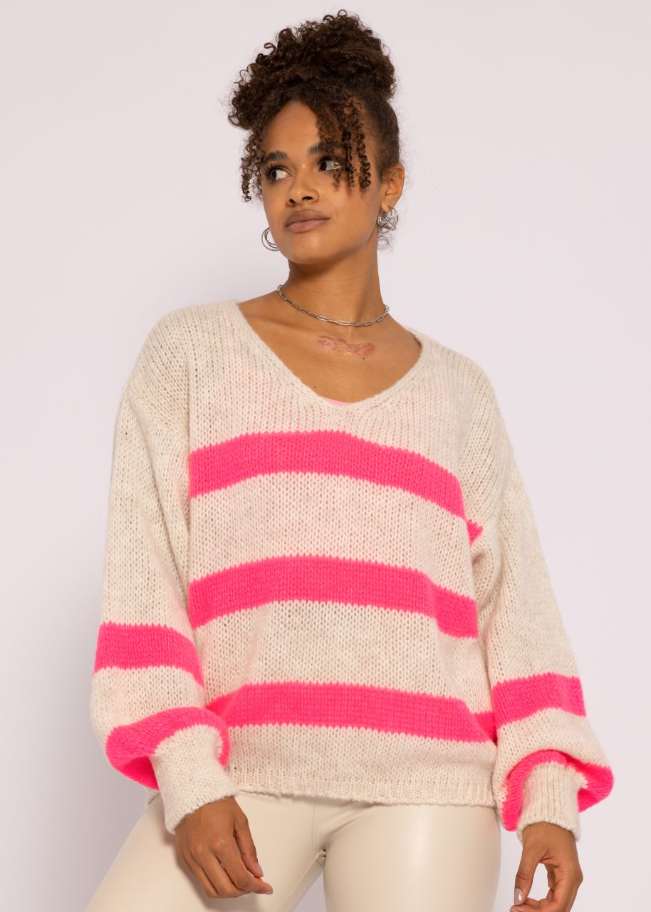 Pullover mit pink Streifen, hellbeige