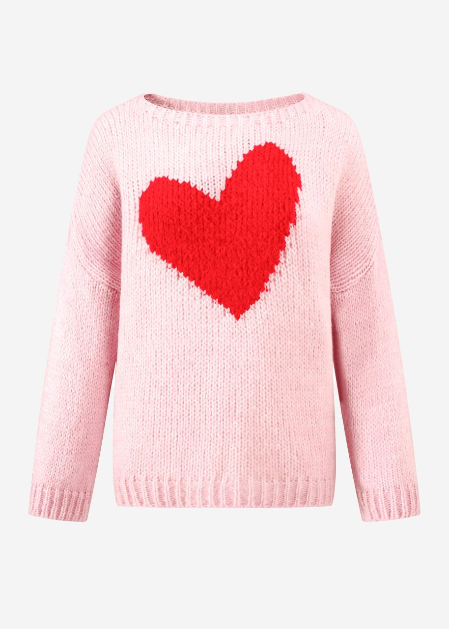 Oversize Pullover mit rotem Herz - rosa