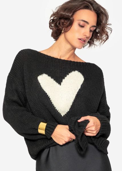 Image of Oversize Pullover mit weißem Herz - schwarz