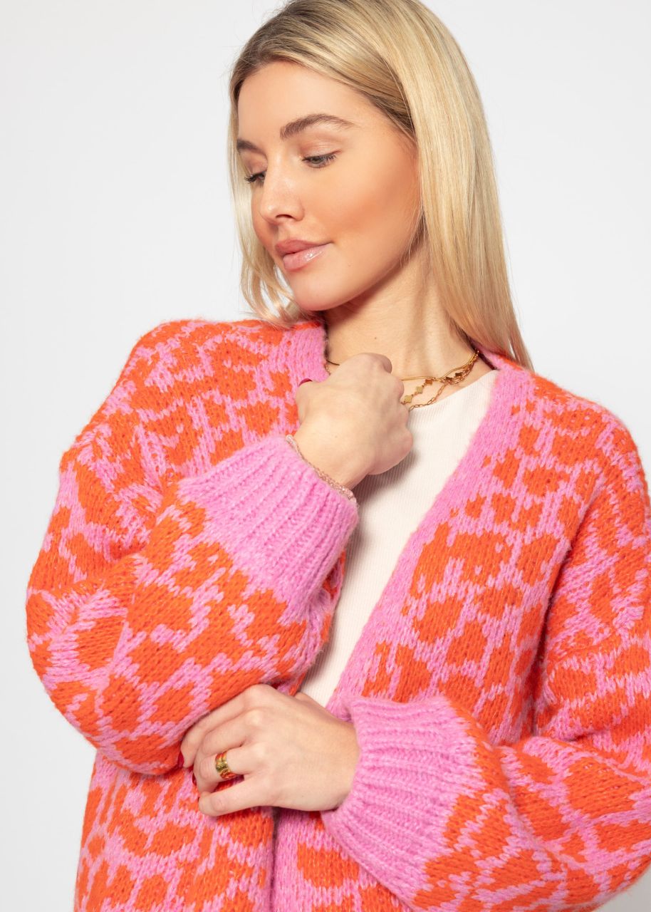 Kurzer Cardigan mit Leo-Print - pink-orange