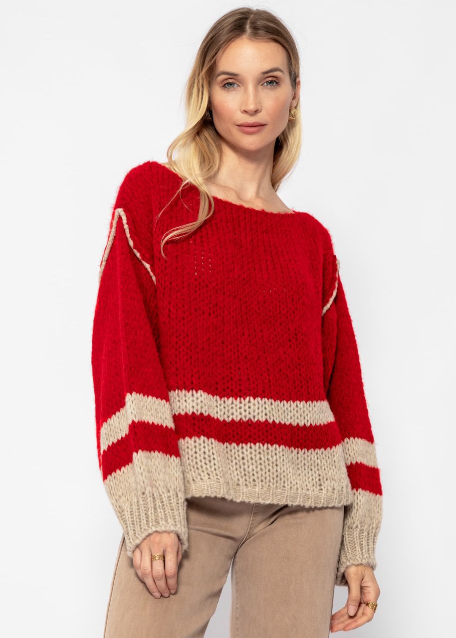 Pullover mit gestreiftem Saumende - rot-beige