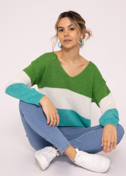 Streifen-Pullover mit V-Ausschnitt, grün/weiß/türkis