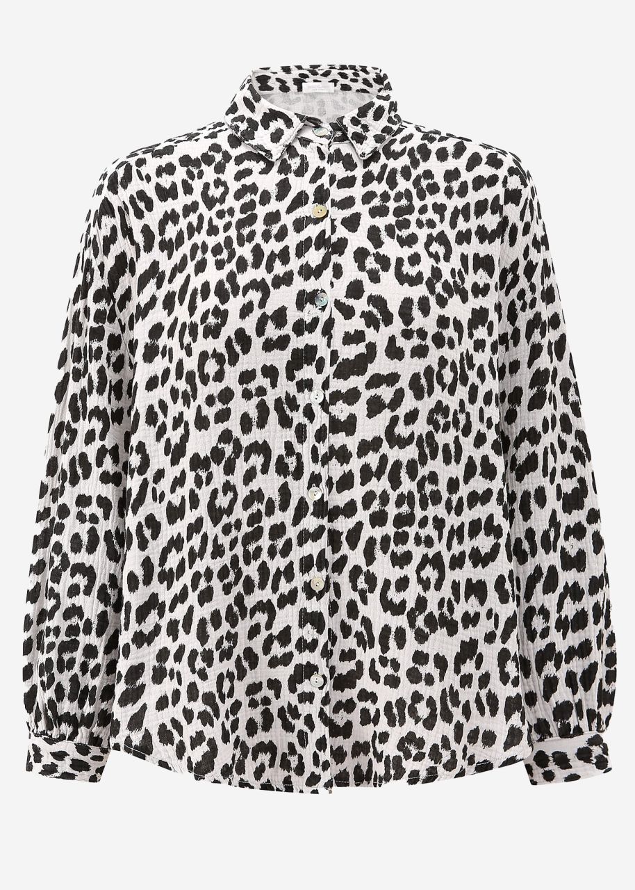 Musselin Bluse oversize kurz mit Leo-Print - hellbeige