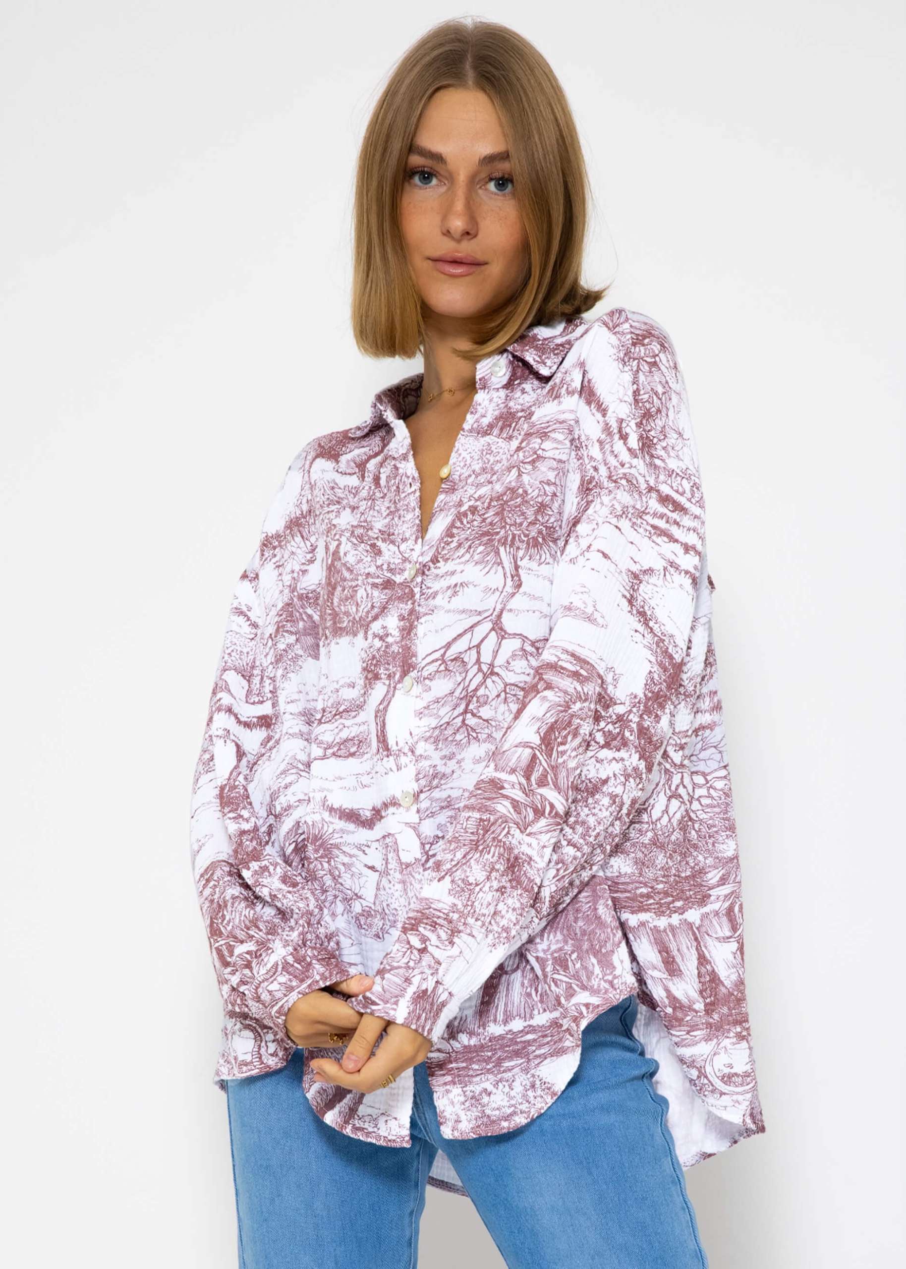 Musselin Bluse mit Print, weinrot