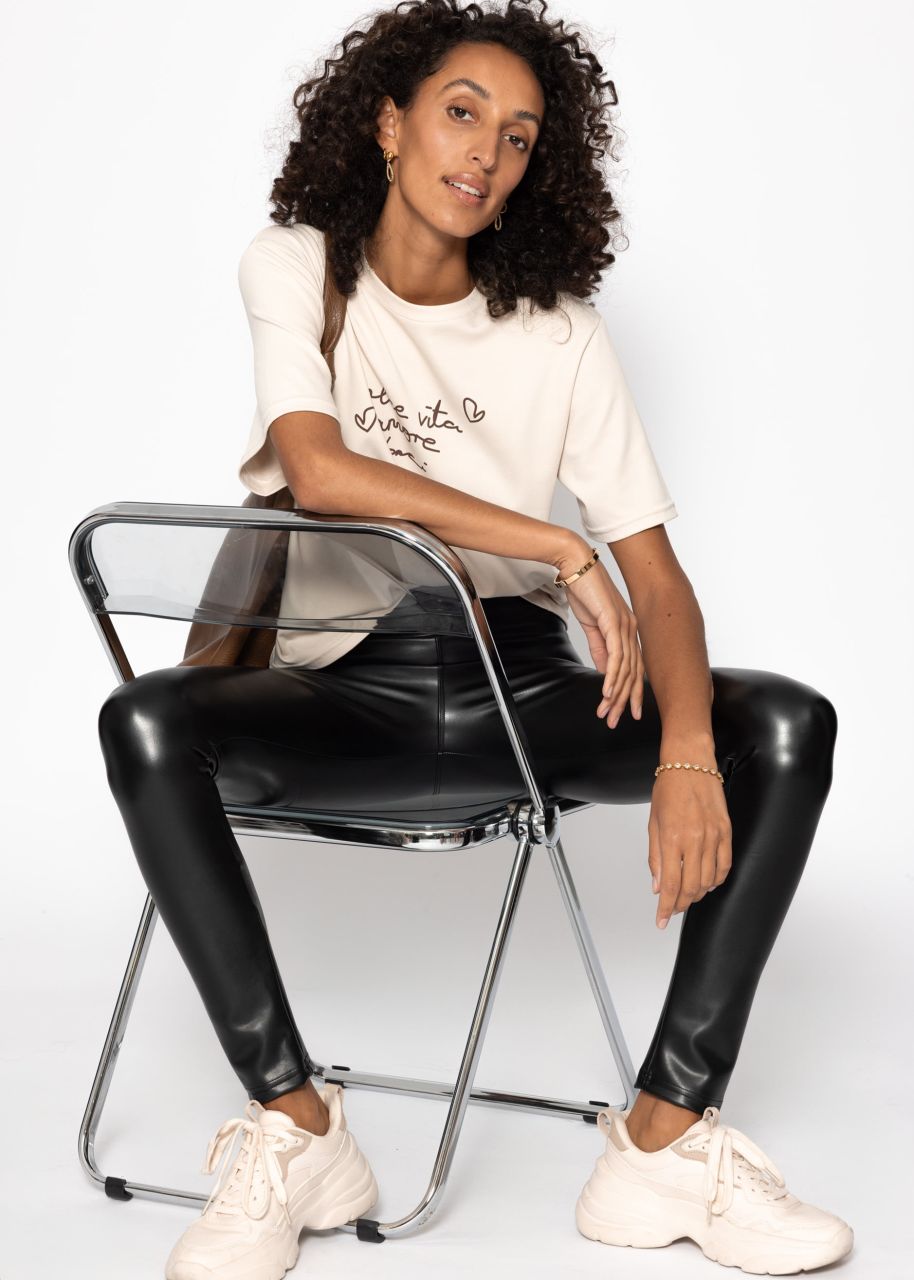 High-Rise Lederleggings mit breitem Bund - schwarz