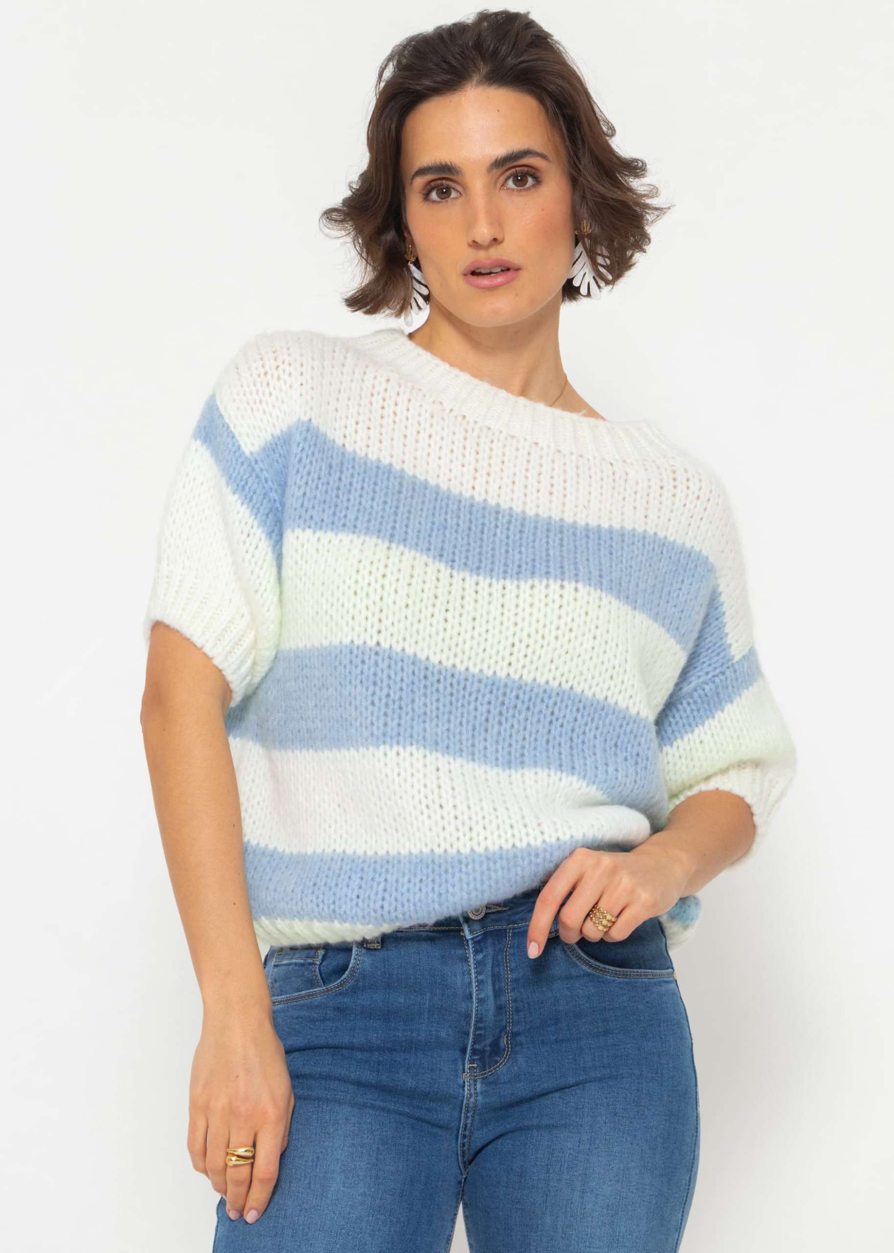 Kurzarm Streifenpullover - blau-offwhite