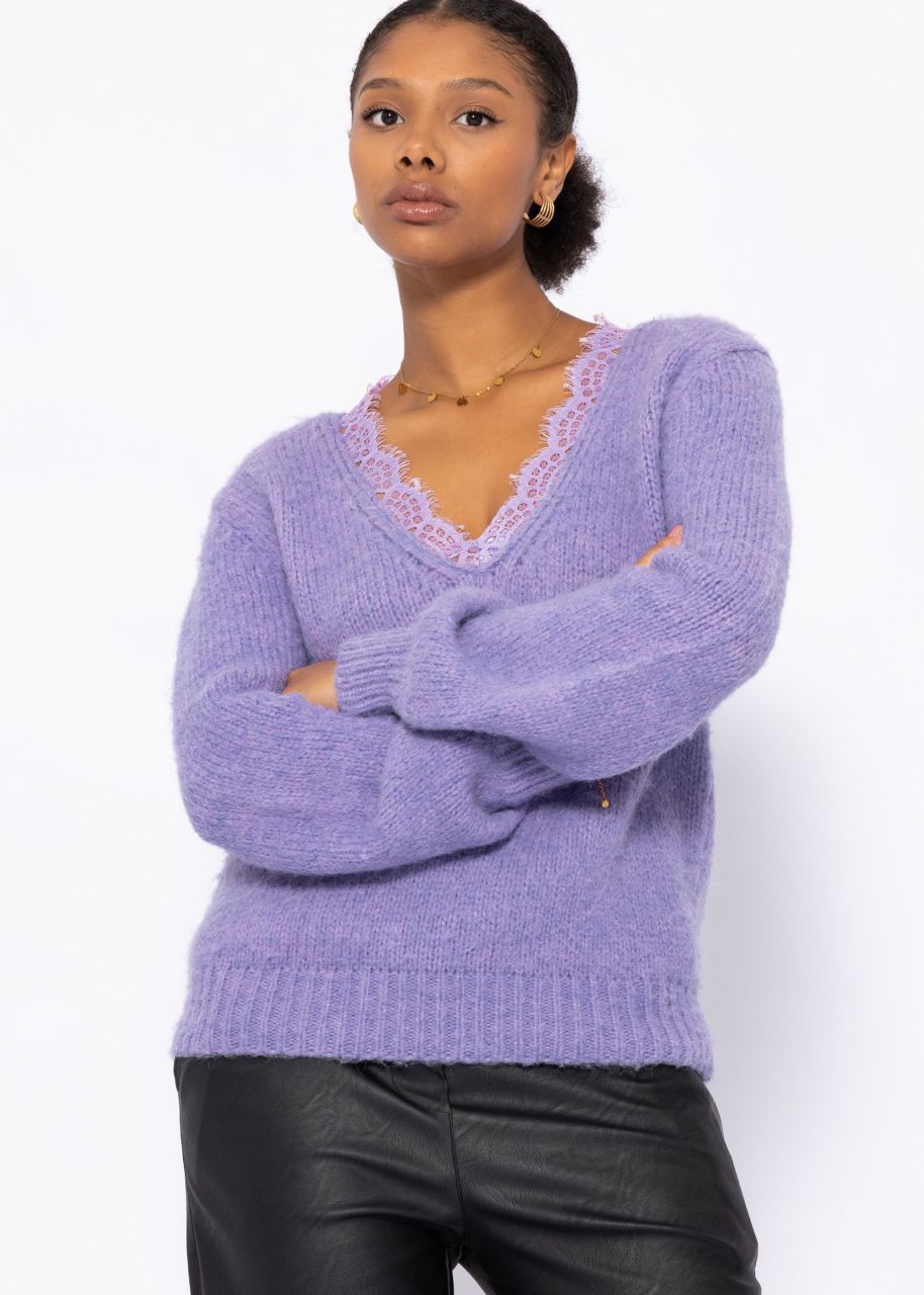 Pullover mit Spitzen-Ausschnitt - lila