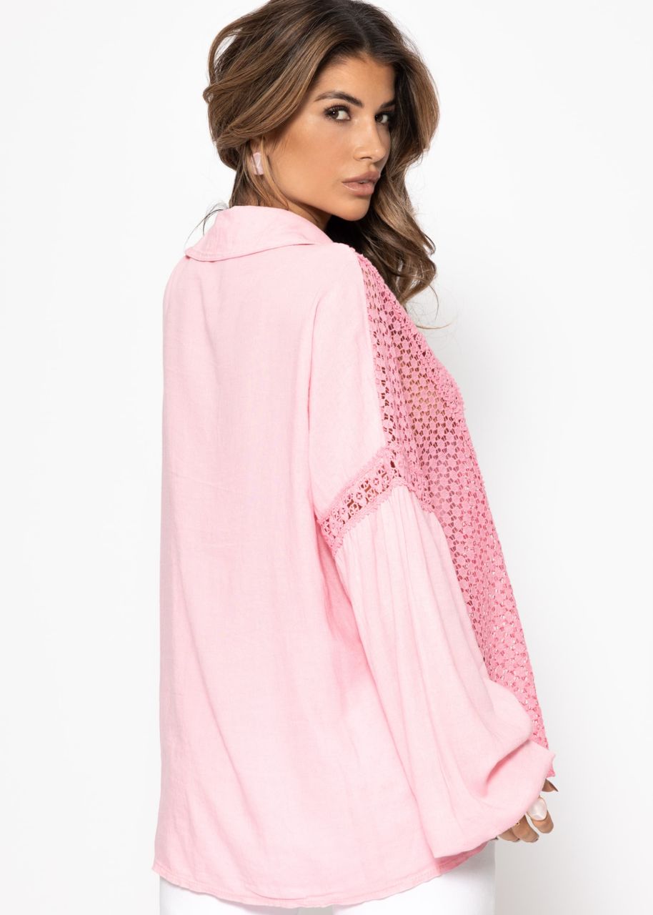 Leinen Bluse mit Spitze - rosa