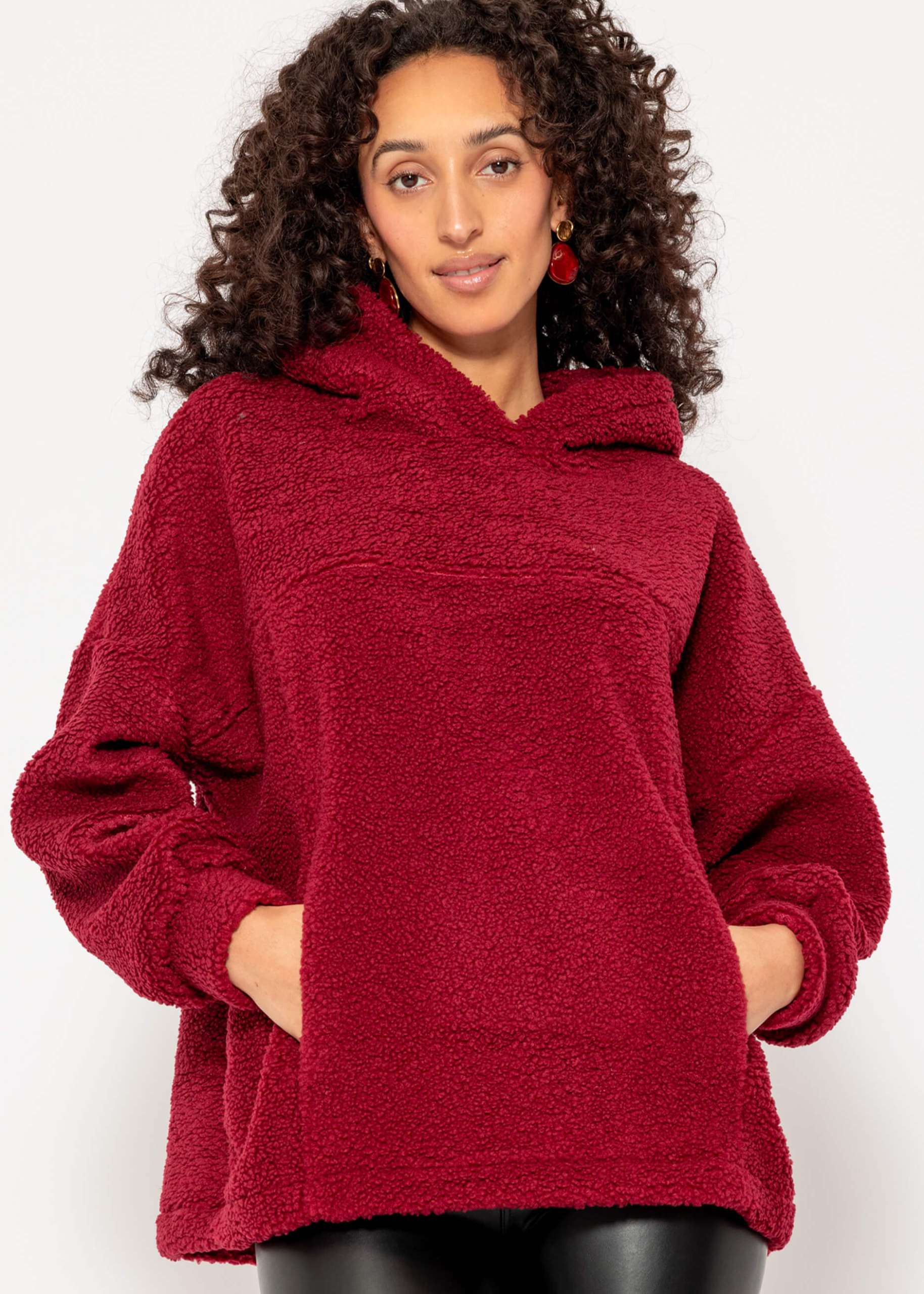 Oversize Teddy Sweatshirt mit Kapuze - weinrot