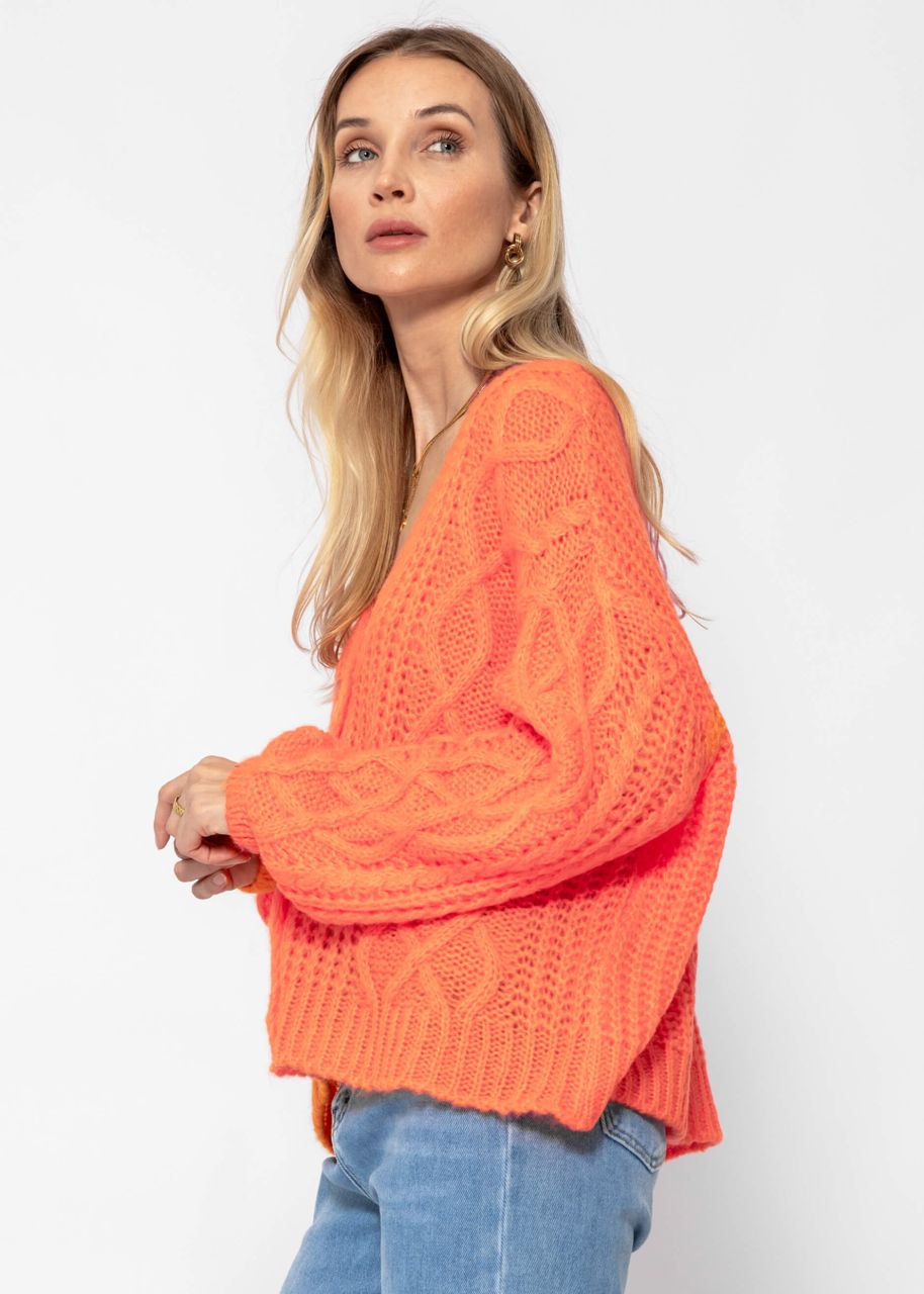 Oversize Strickjacke mit Zopfmuster - mandarine