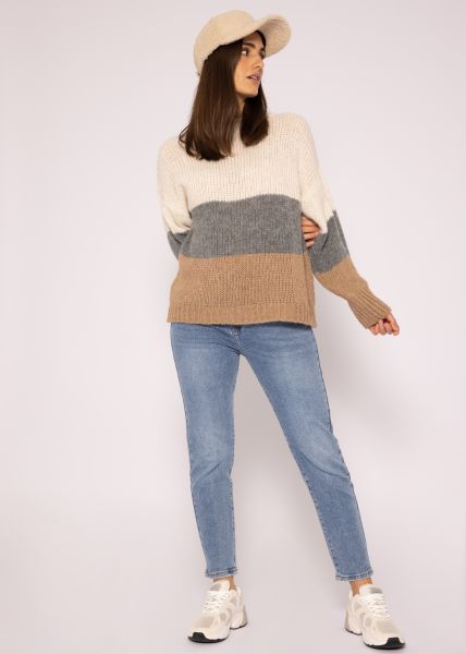 Turtleneck-Pullover mit Blockstreifen - offwhite/grau/camel