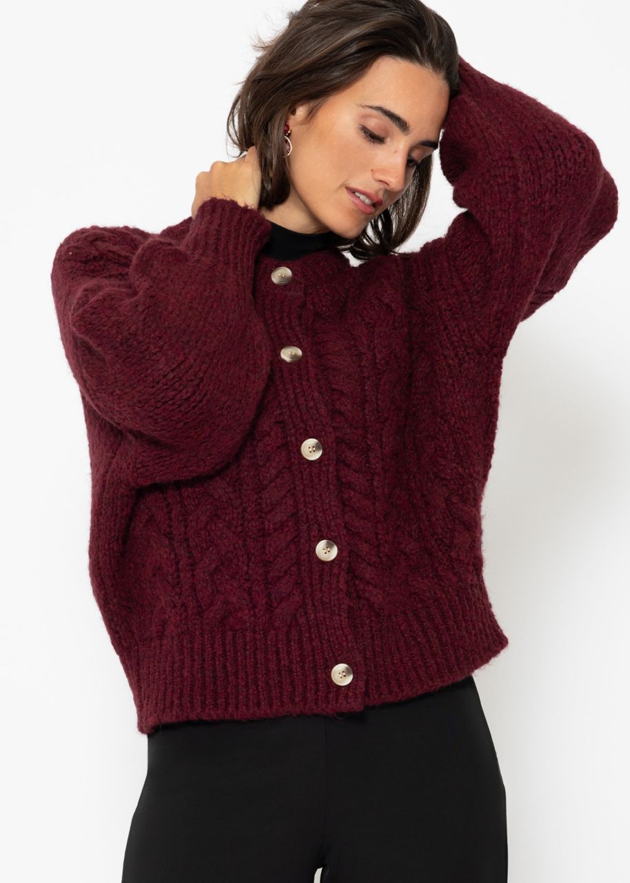 Super flauschige Strickjacke mit Zopfmuster - burgundy