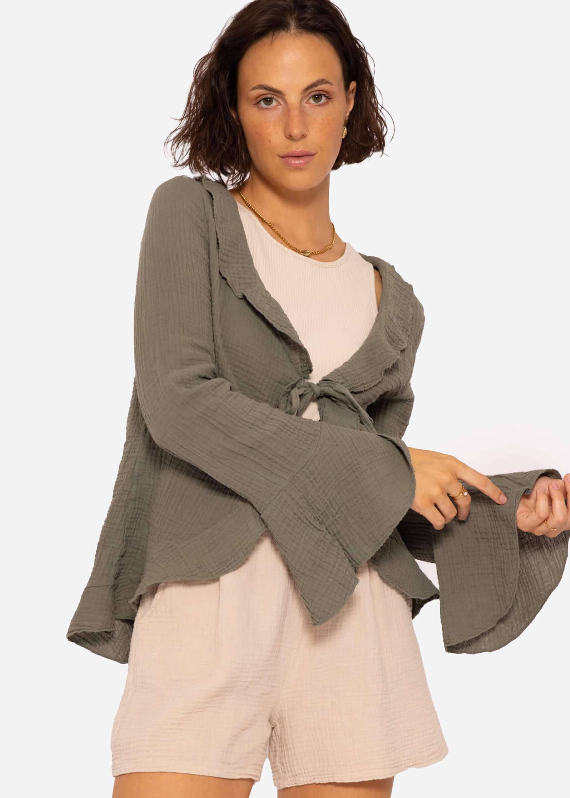 Musselin Cardigan mit Volants, khaki