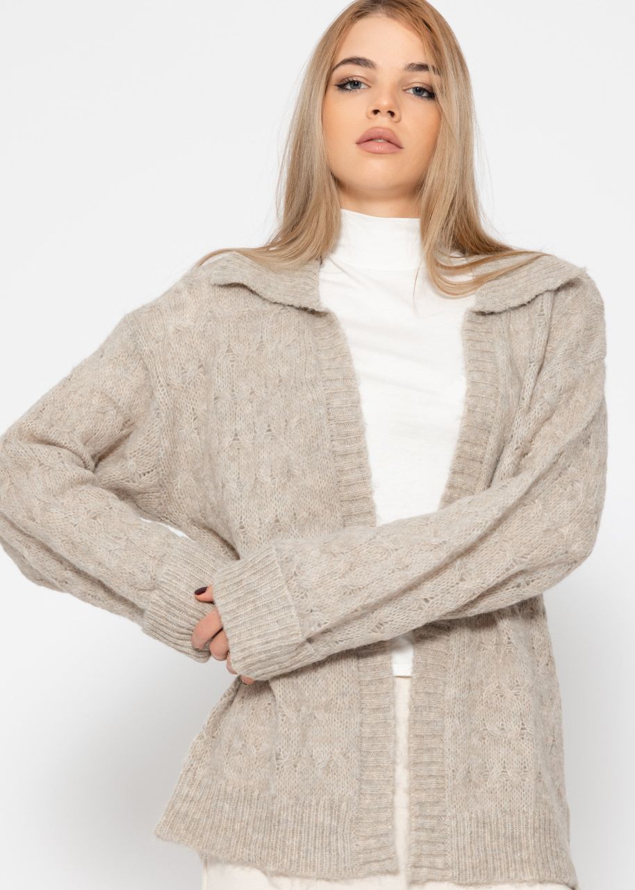 Flauschiger Zopfmuster-Cardigan mit Kragen - beige