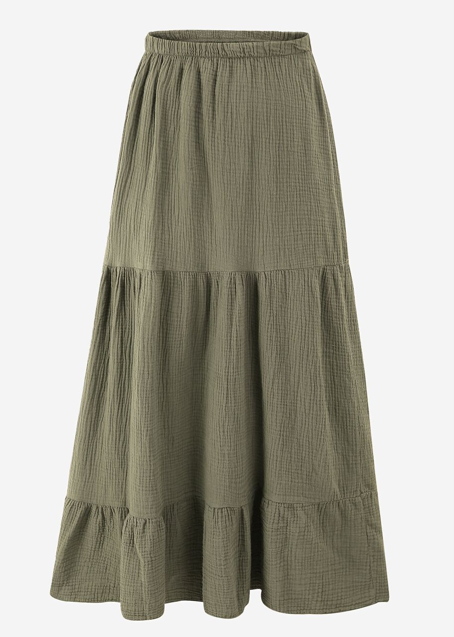 Musselin Maxi Rock mit Volants - khaki