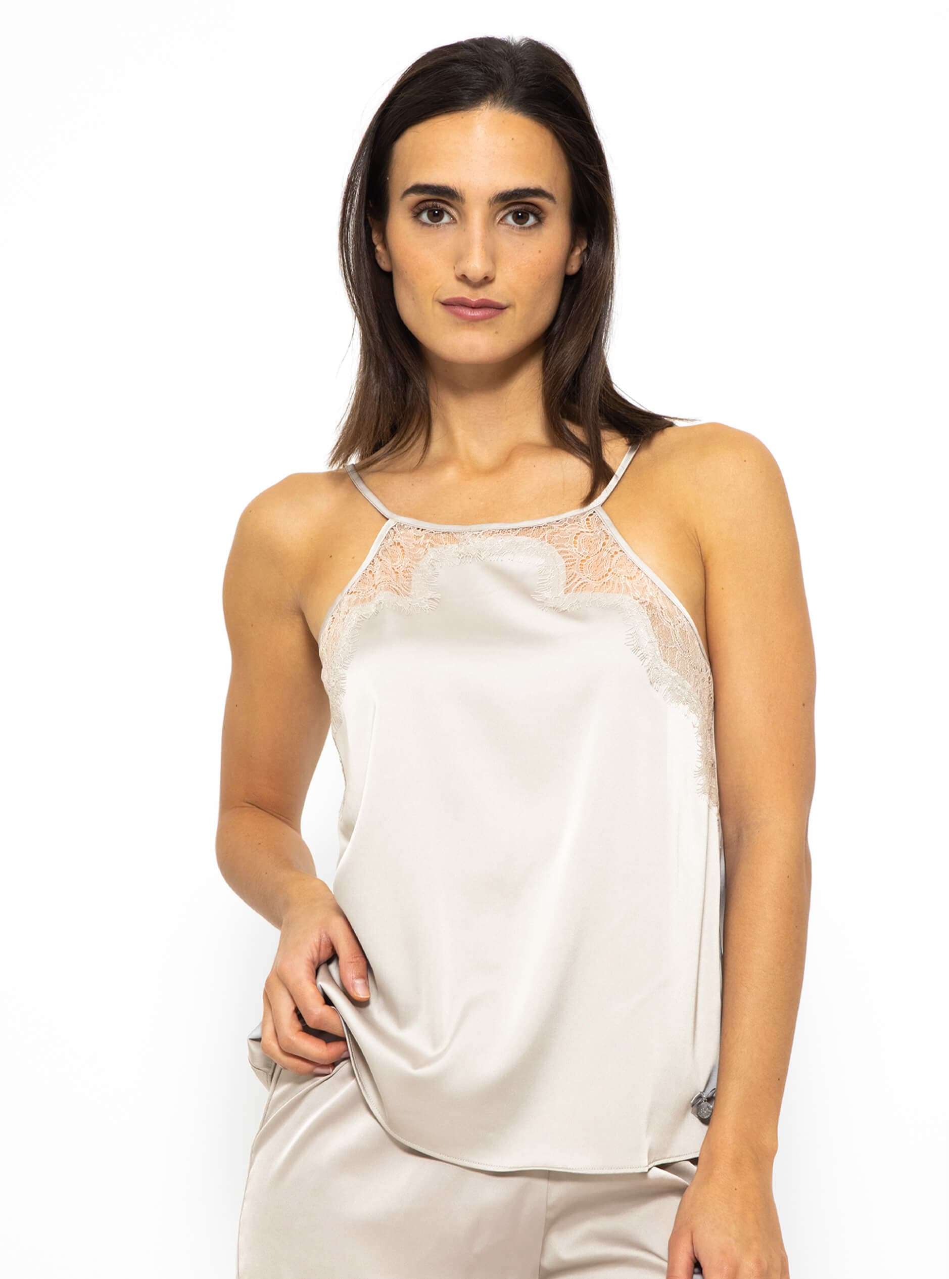 Satin Pyjama Top mit Spitze - champagner