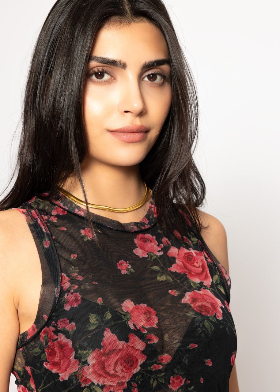 Mesh Top mit floralem Druck - schwarz