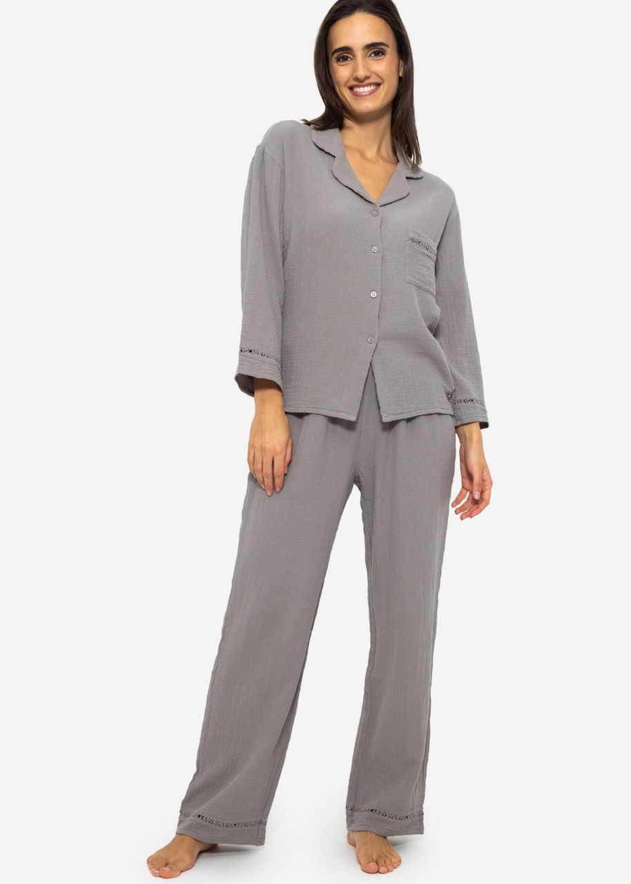 Musselin Pyjamahose mit Spitzenborte - taupe