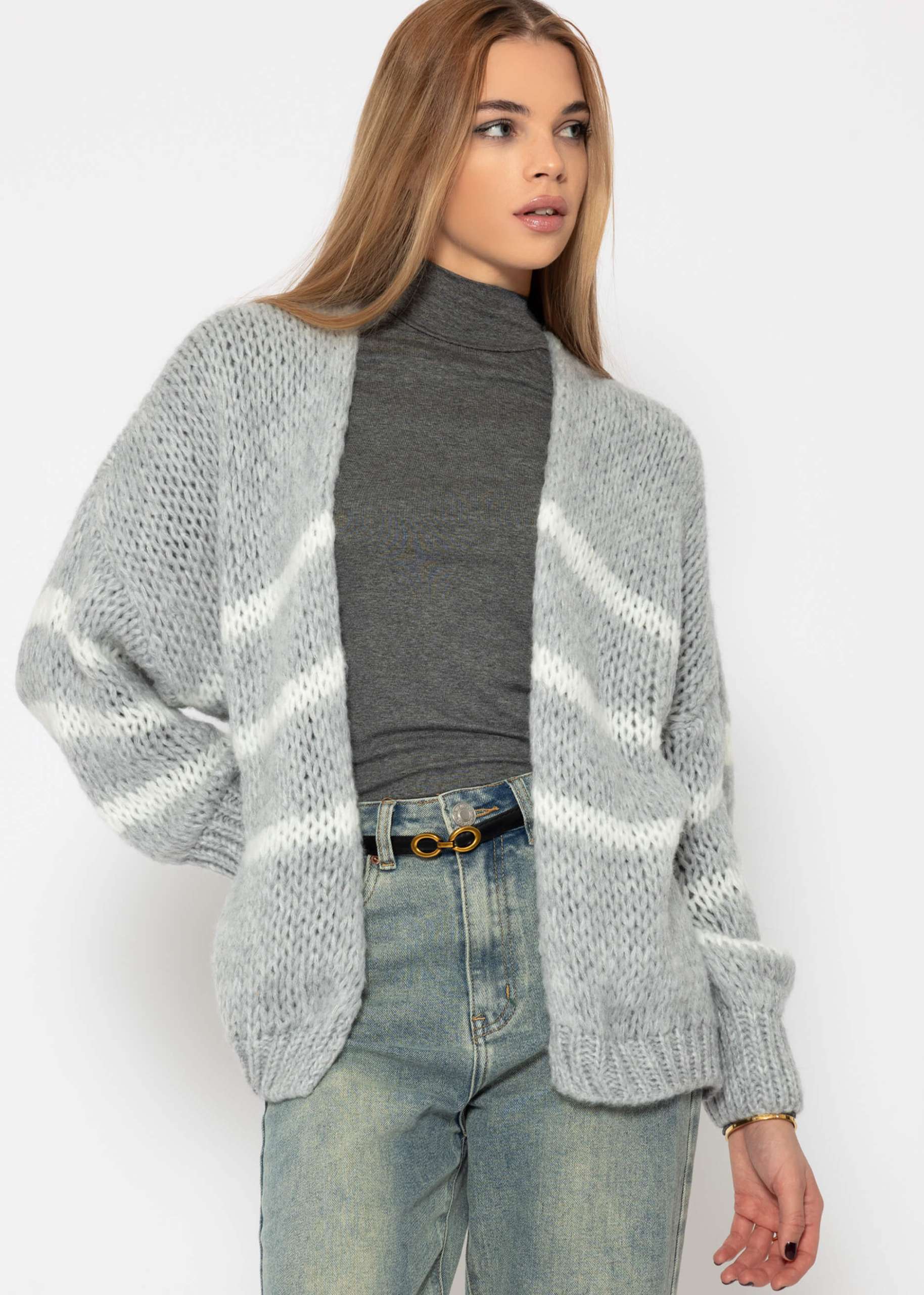 Oversize Cardigan mit weißen Streifen, hellgrau