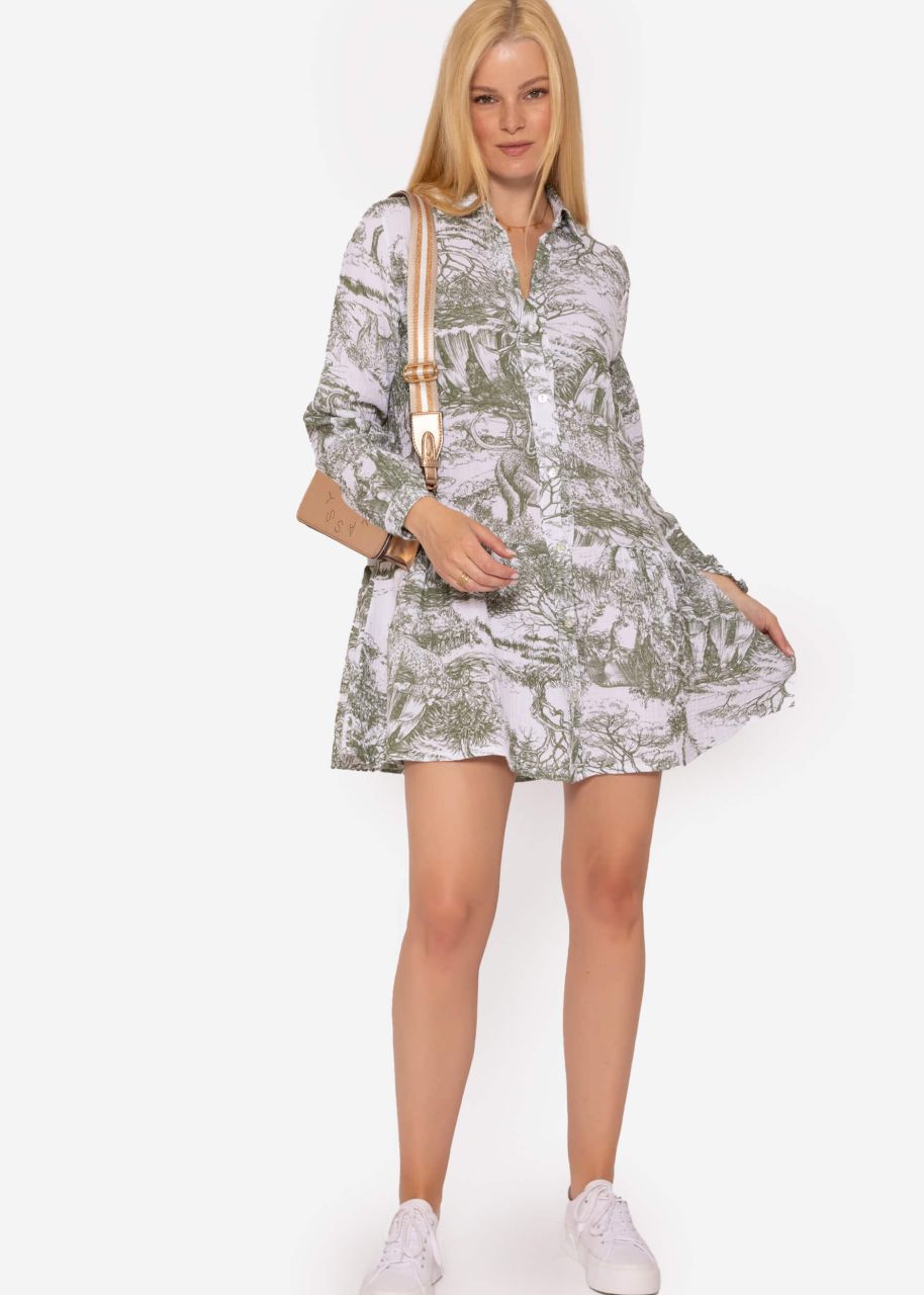 Musselin Kleid mit langen Ärmel und Print, khaki