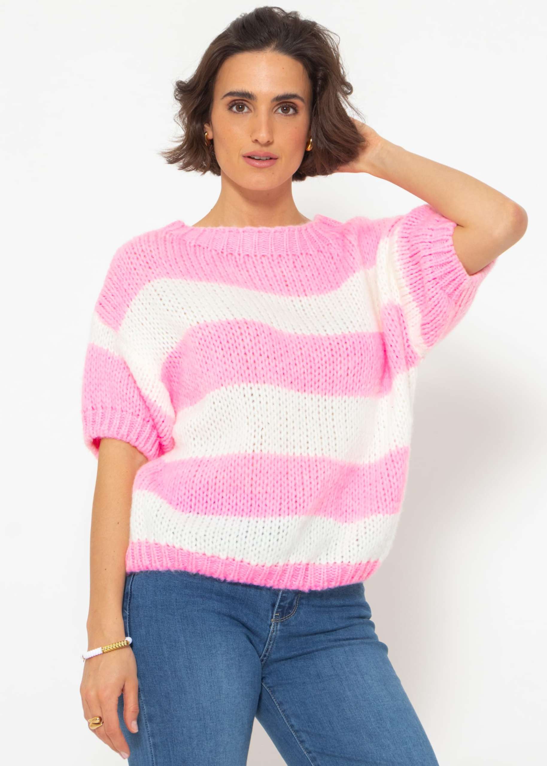 Kurzarm Streifenpullover - rosa-offwhite