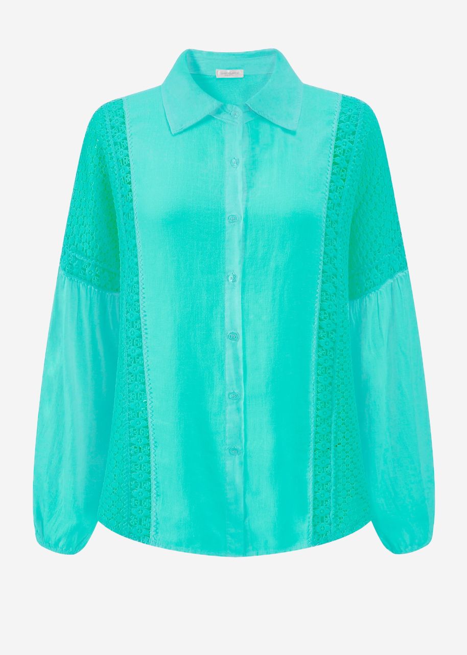 Leinen Bluse mit Spitze - türkis