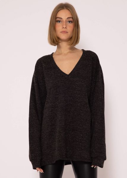 Lurex-Sweater mit tiefem V-Ausschnitt, dunkelgrau
