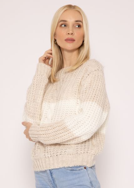 Gestreifter Zopf Pullover, beige