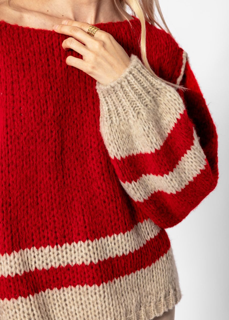 Pullover mit gestreiftem Saumende - rot-beige