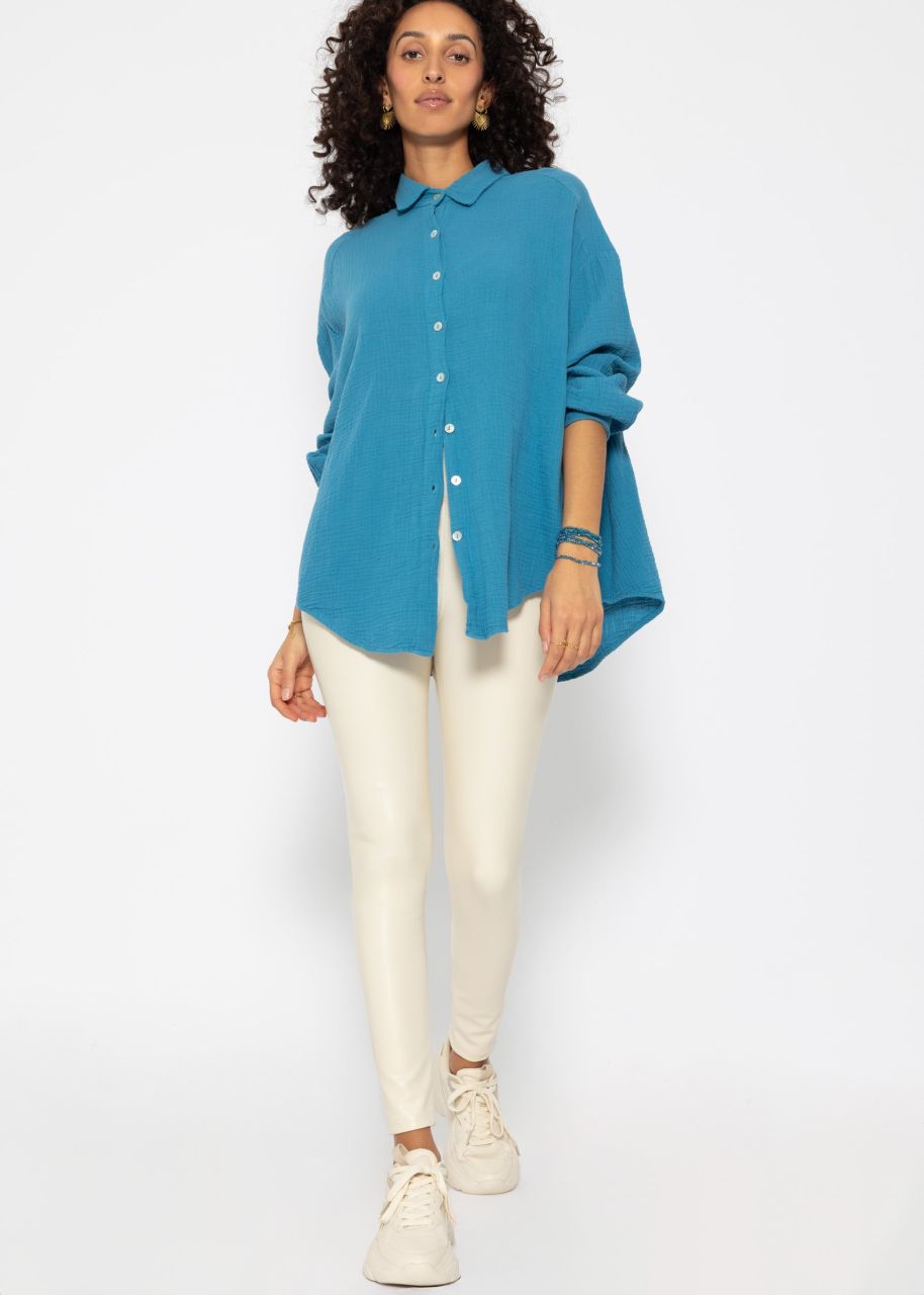 Musselin Bluse oversize, kurz, petrolblau