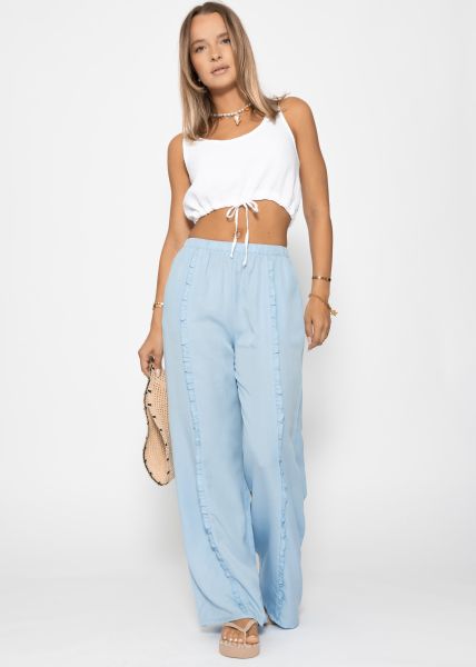 Hose mit weitem Bein und Rüschendetail - hellblau